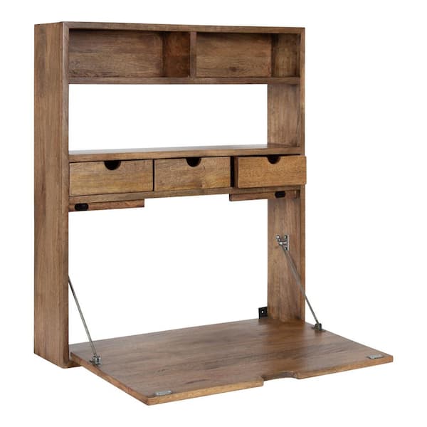 Kate and Laurel Georgie 26.00 in. W Rectangle Natural Wood 3 Drawer Floating Desk With Folding Feature
