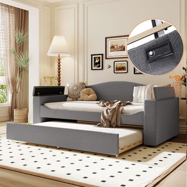 Harper & Bright Designs Gray Twin Teddy Fleece Upholstered Daybed with Trundle, Flip-Top Storage Armrests, Bluetooth Audio System, USB ports