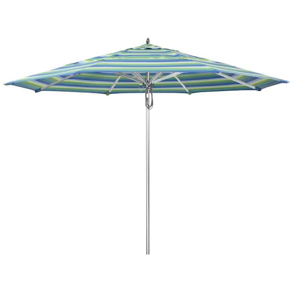 California Umbrella 11 ft. Silver Aluminum Commercial Market Patio Umbrella with Pulley Lift in Seville Seaside Sunbrella