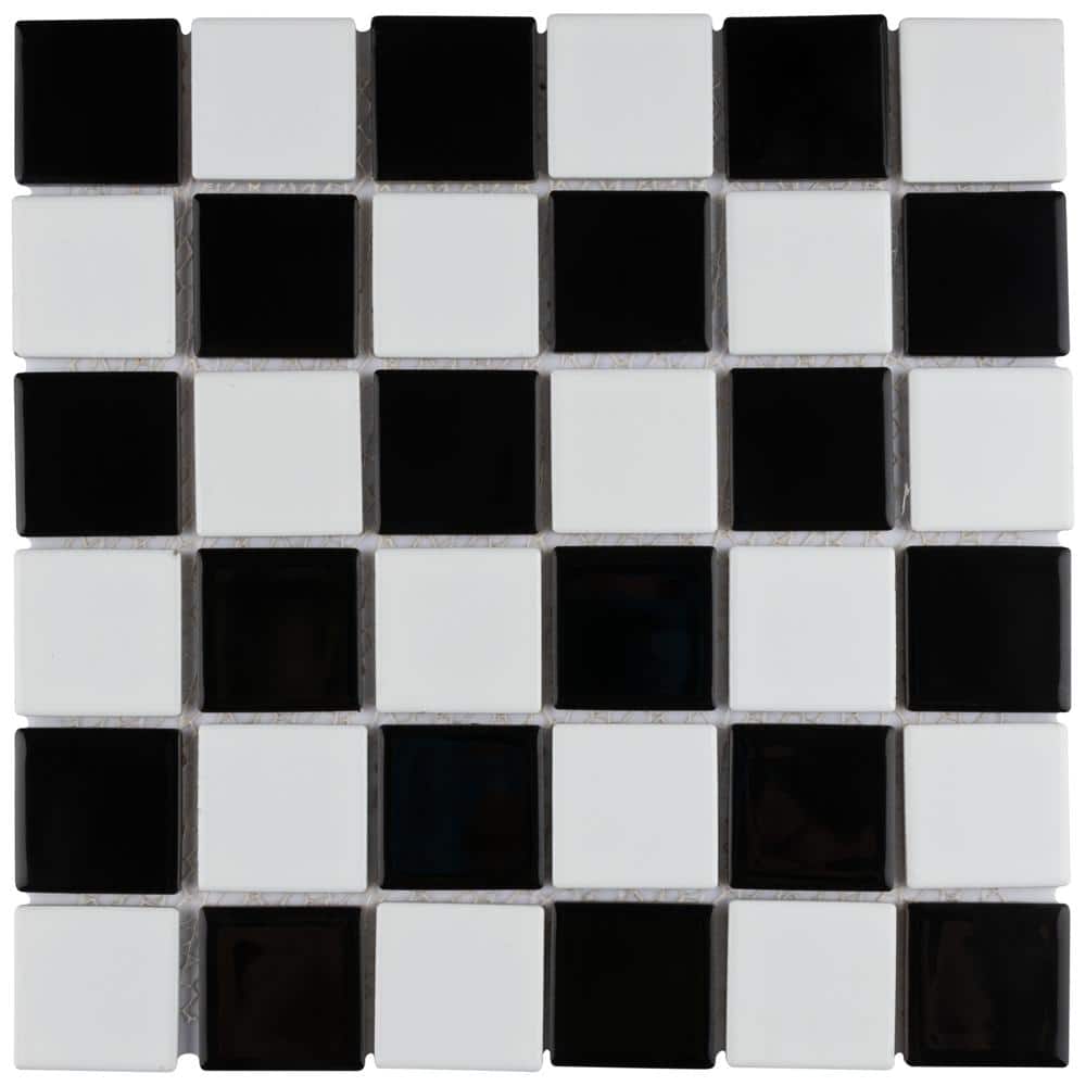 Merola Tile Squire Quad Glossy Checkerboard 12-1/2 in. x 12-1/2 in. Porcelain Mosaic Tile (11.1 sq. ft./Case), Glossy Black and White -  FKOSQG035