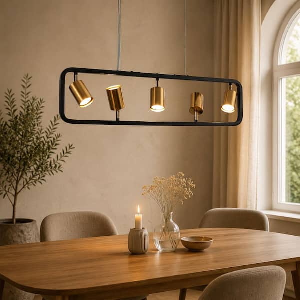 Modern 31.5 in. 5-Light Black Island Pendant Light with Adjustable Brass Metal Shades, Linear Chandelier for Dining Room