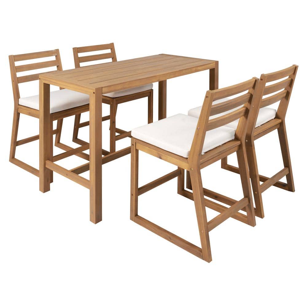 Light Teak 5-Piece Acacia Wood Bar Height Outdoor Dining Set with Beige Cushions for Poolside, Balcony, Backyard price history on PriceWatchPro