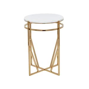 16 in. Gold Large Round Marble End Accent Table with Marble Top
