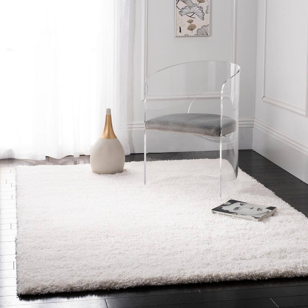 White Hand-Knotted Synthetic Shag Area Rug
