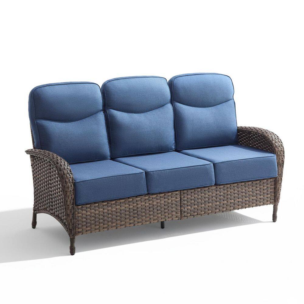 High Crescent 3-Person Seat Brown Wicker Patio Outdoor Sofa Loveseat with Blue Cushions price history on PriceWatchPro