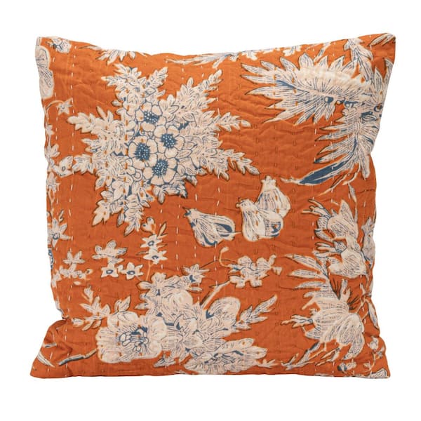 Orange Florals Printed Polyester 12 in. x 12 in. Throw Pillow