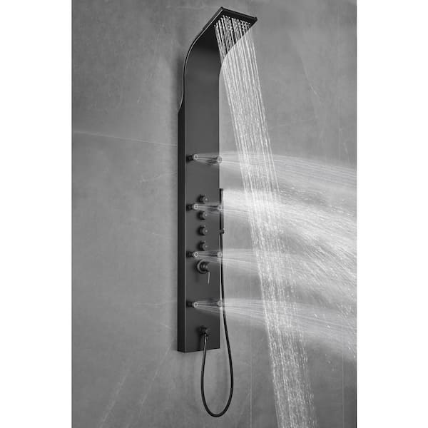 65 in. 8-Jet Rainfall Shower Panel System with Waterfall Shower Head and Shower Wand in Black Painted Stainless Steel