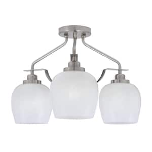 Zara 16.5 in. 3-Light Brushed Nickel Semi-Flush with 6 in. White Marble Glass Shades No Bulbs Included