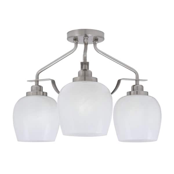 Unbranded Zara 16.5 in. 3-Light Brushed Nickel Semi-Flush with 6 in. White Marble Glass Shades No Bulbs Included