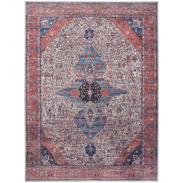 Nourison Machine Washable Brilliance Ivory/Brick 5 ft. x 7 ft. Center Medallion Traditional Area Rug