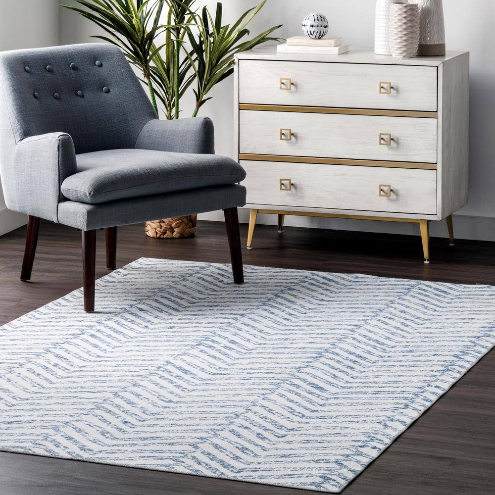 Rosanne Blue and Ivory Geometric 5' x 8' Washable Synthetic Area Rug