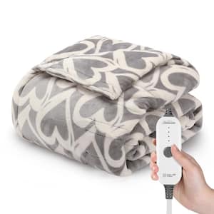 50 in. x 60 in. Extra Cozy Nordic Velvet Reverse Sherpa Heated Throw Electric Blanket, Grey Hearts