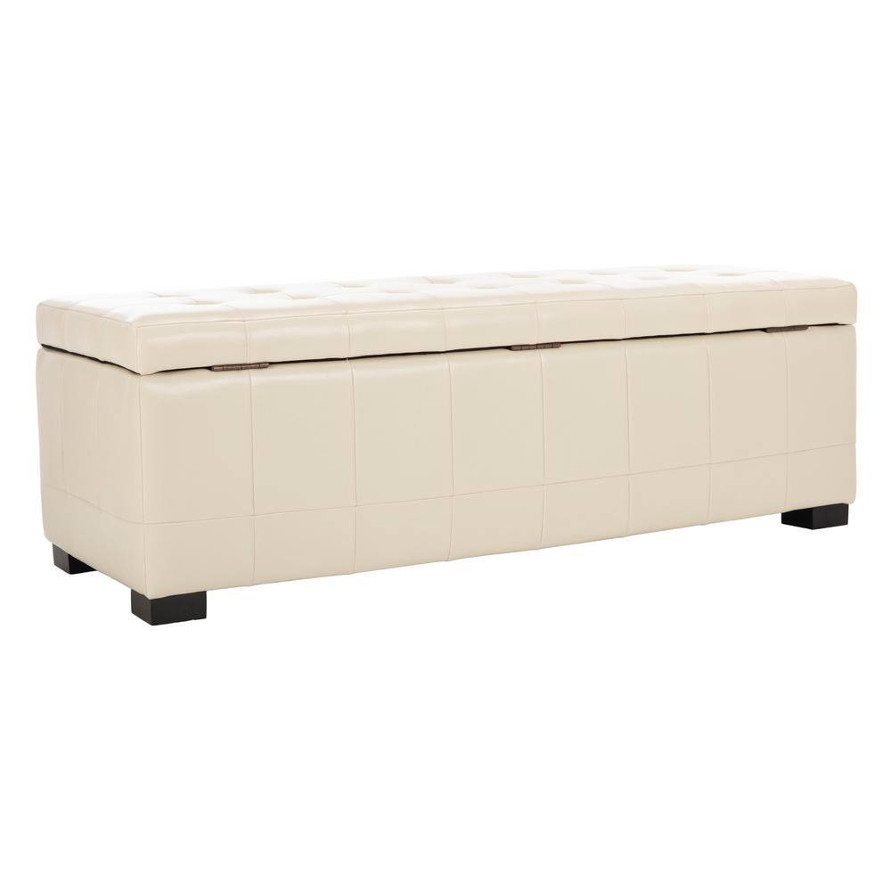 Large Off-White Quilted Leather Storage Bench with Beech Wood Legs