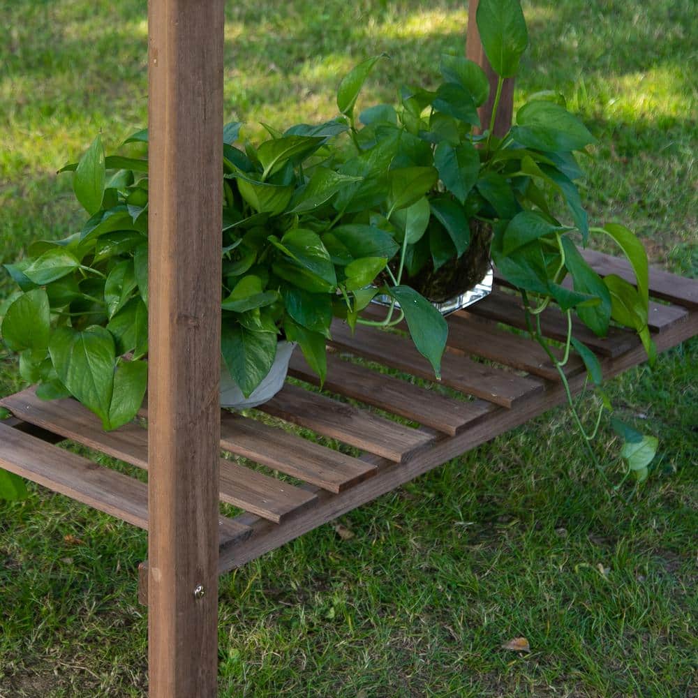 Brown Fir Wood Garden Potting Bench with Sliding Tabletop and Storage