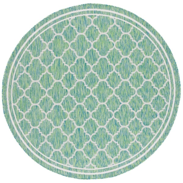 Courtyard Green/Ivory 7 ft. x 7 ft. Border Quatrefoil Indoor/Outdoor Round Area Rug