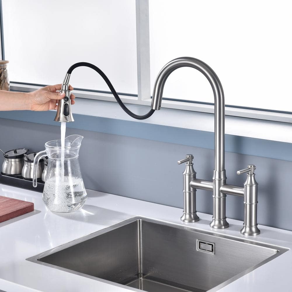Brushed Nickel Double Handle Bridge Kitchen Faucet with Pull-out Spray