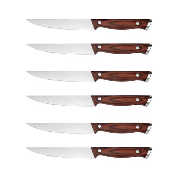 4.5 in. Japanese High Carbon Stainless Steel Full Tang Serrated Blade Steak Knife Set with Pakka Wood Handle (Set of 6)