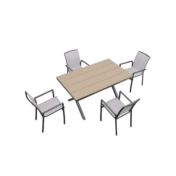5-Piece Aluminum Standard Height Outdoor Dining Table Set with Textilene Backrest and Plastic Wood Tabletop