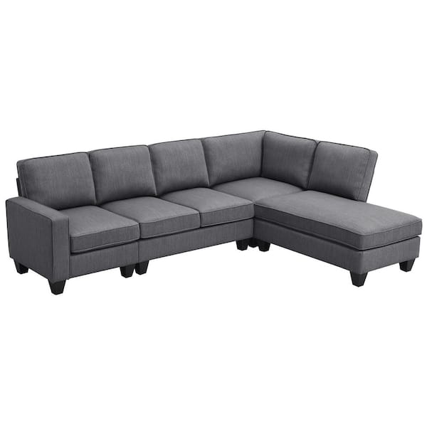 Polibi 104.30 in. Polyester L-Shaped Sectional Sofa in. Gray with Chaise Lounge and Convertible Ottoman