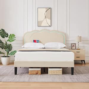 Upholstered Bed Beige Metal Frame Queen Platform Bed with Adjustable Charging Station Headboard and LED Lights Bed Frame