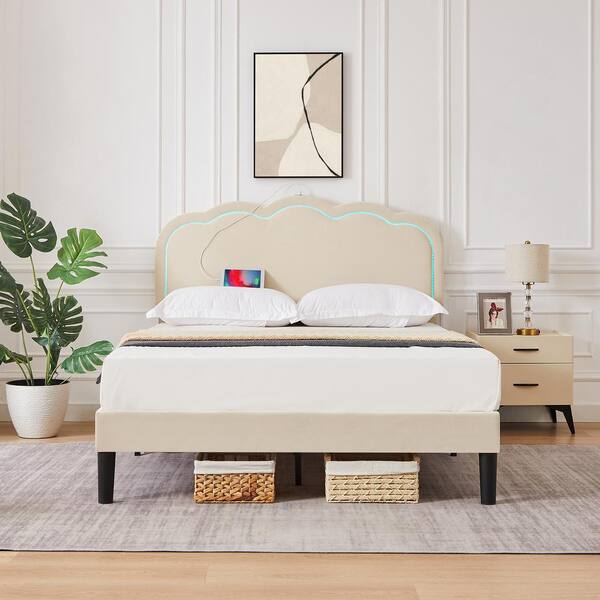 VECELO Upholstered Bed Beige Metal Frame Queen Platform Bed with ...