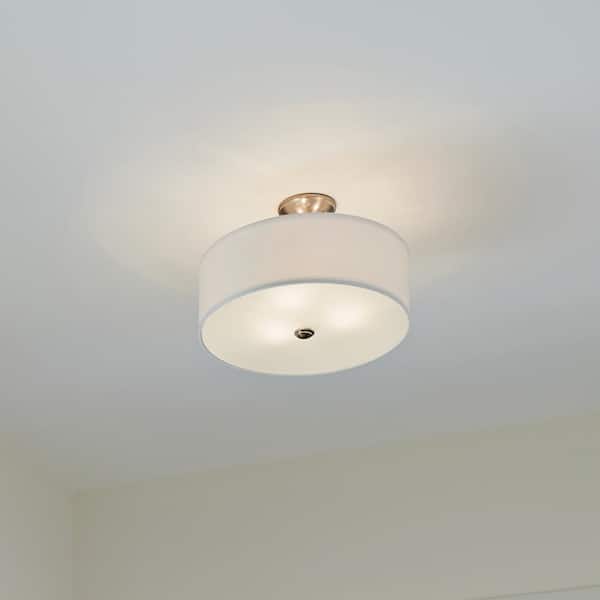 KICHLER Shailene 18 in. 3-Light Brushed Nickel Round Hallway Transitional Semi-Flush Mount Ceiling Light with Microfiber Shade
