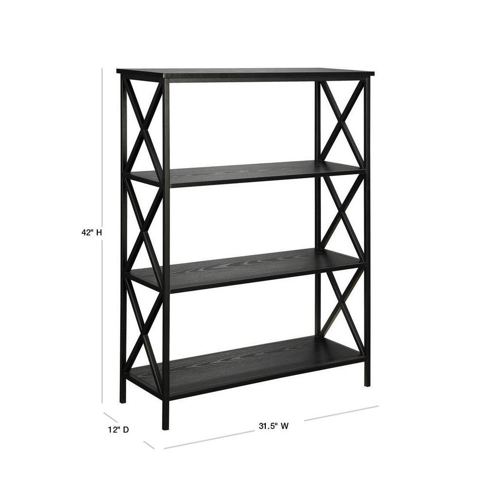Black metal 4-shelf etagere bookcase with dimensions.