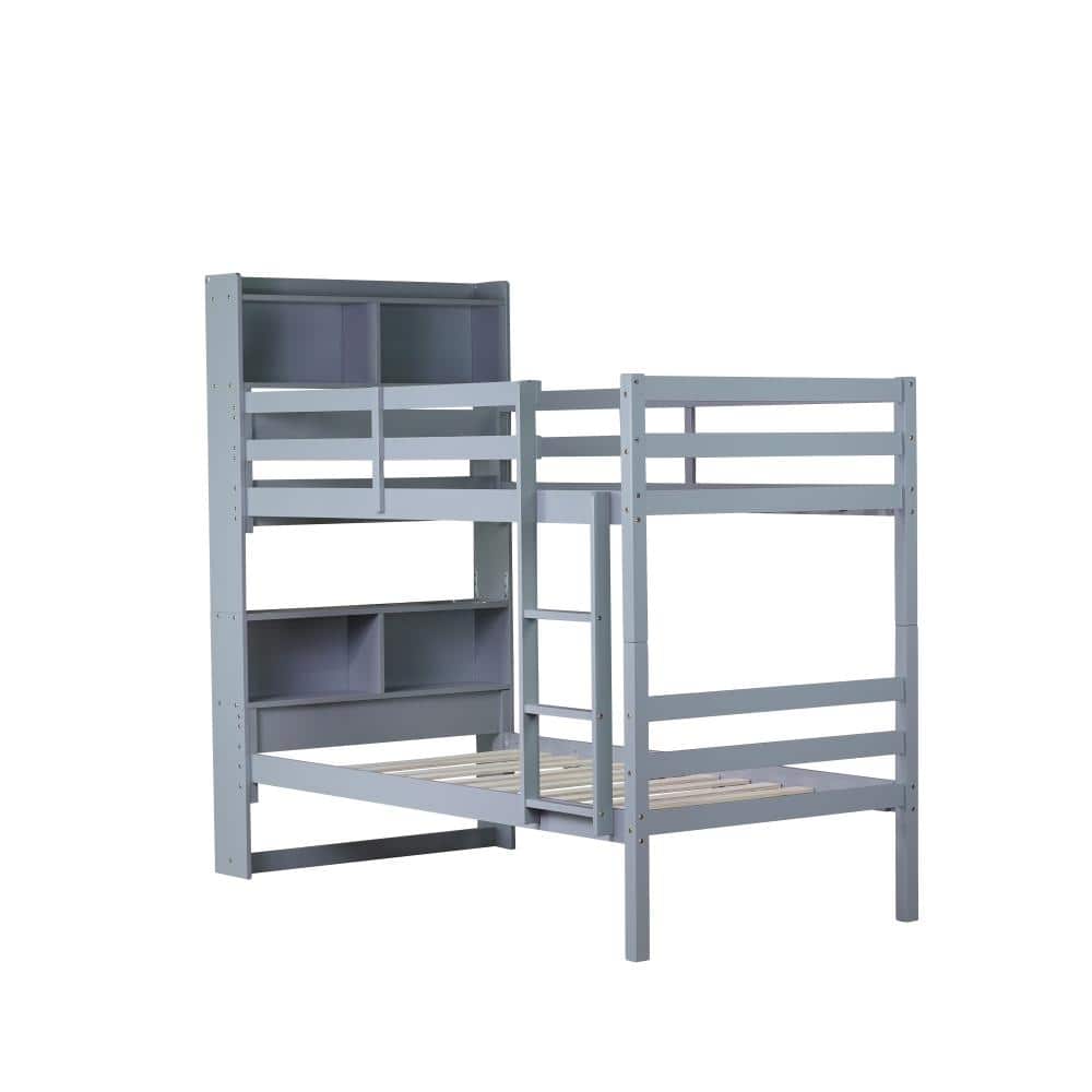 Nestfair Gray Wood Twin over Twin Bunk Bed with Shelves Headboard and ...