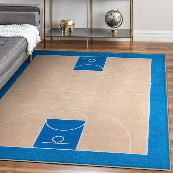 Apollo Basketball Modern Sports Tan Blue 5 ft. x 7 ft. Area Rug
