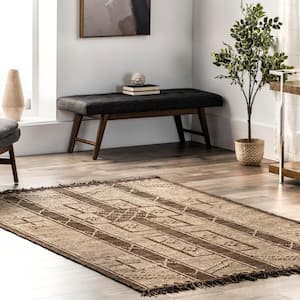 Natural 8 ft. x 10 ft. Maddy Handmade Jute and Leather Global Inspired Tribal Fringe Area Rug