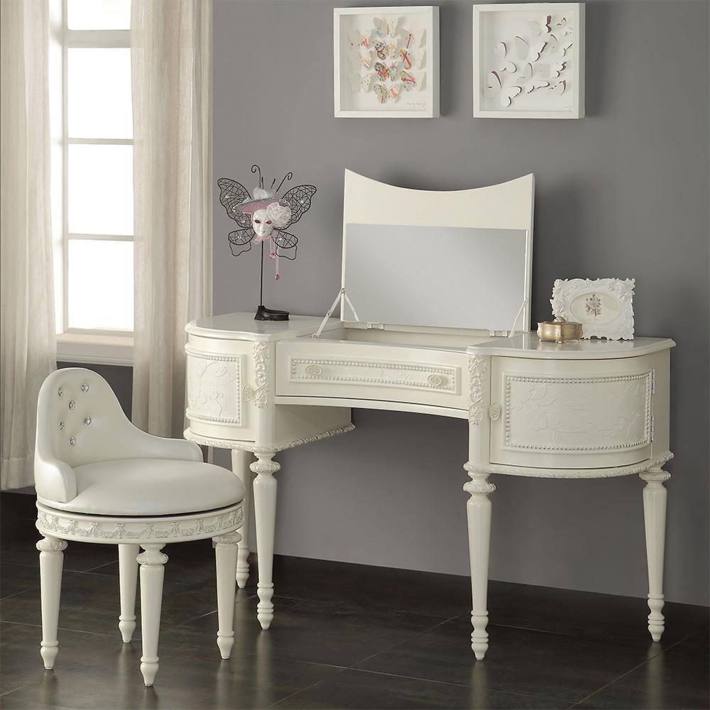 Ivory Pine Wood Vanity Desk with Mirror and Floral Trim