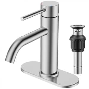Single Handle Mid-Arc Bathroom Faucet with Deckplate and Pop-Up Drain in Brushed Nickel