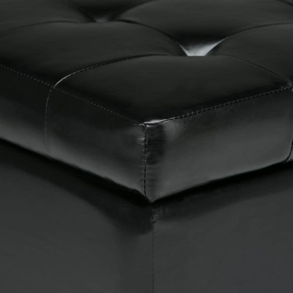 Midnight Black Tufted Faux Leather Rectangular Ottoman