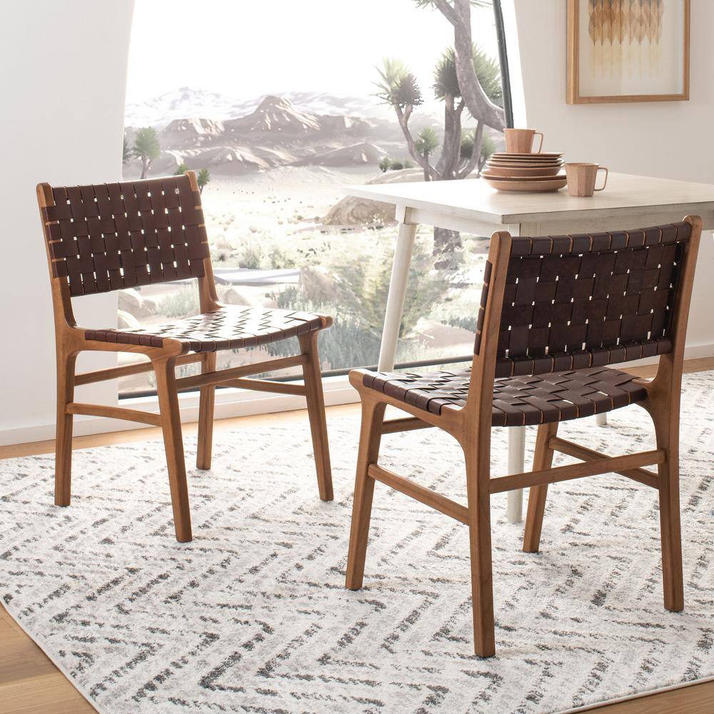 Cognac and Natural Woven Leather Side Chairs, Set of 2