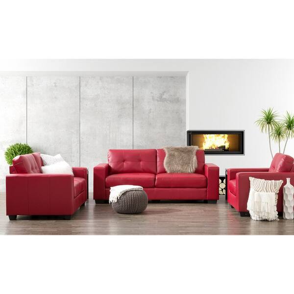 CorLiving Club 3-Piece Tufted Red Bonded Leather Sofa Set