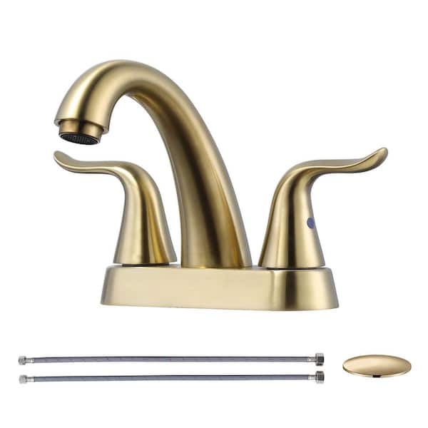 Modern High Arc 4 in. Centerset Double Handle Bathroom Faucet with Lift Rod Drain Kit in Brushed Gold