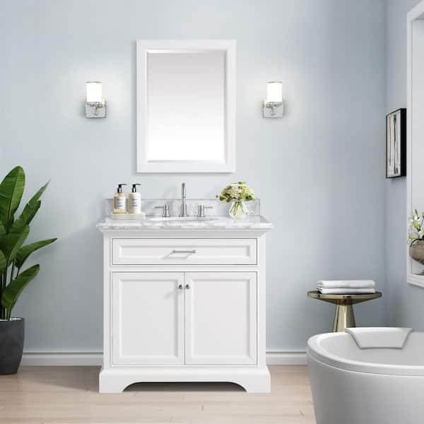 Home Decorators Collection Windlowe 37 in. W x 22 in. D x 35 in. H Bath  Vanity in White with Carrera Marble Vanity Top in White with White Sink  15101-VS37C-WT - The Home Depot
