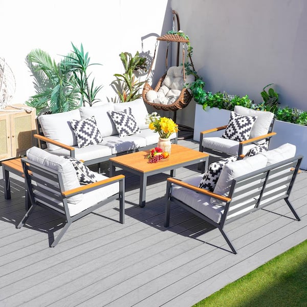 Rae 6-Piece Aluminum Outdoor Patio Conversation Set with Gray Cushions