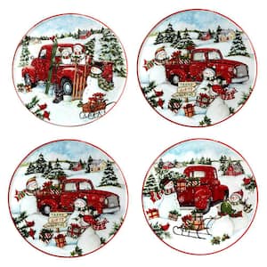 Red Truck Snowman Multi-Colored Canape Plates Set of 4