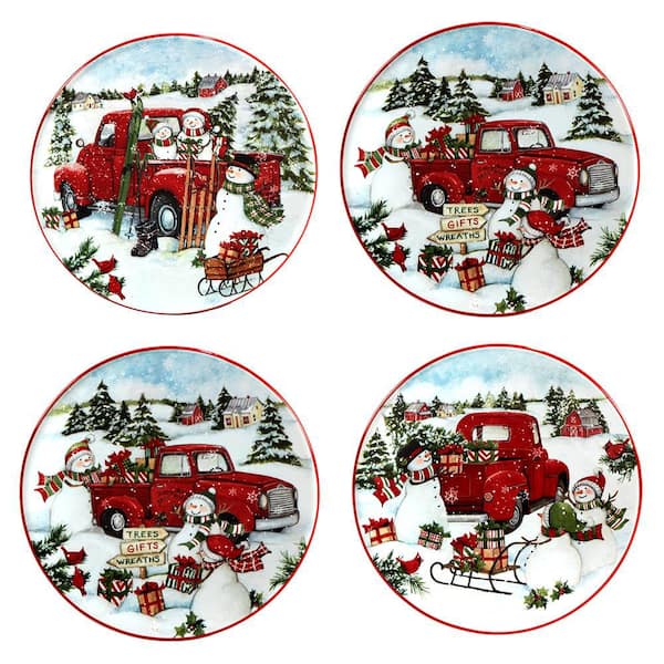 Certified International Red Truck Snowman Multi-Colored Canape Plates Set of 4