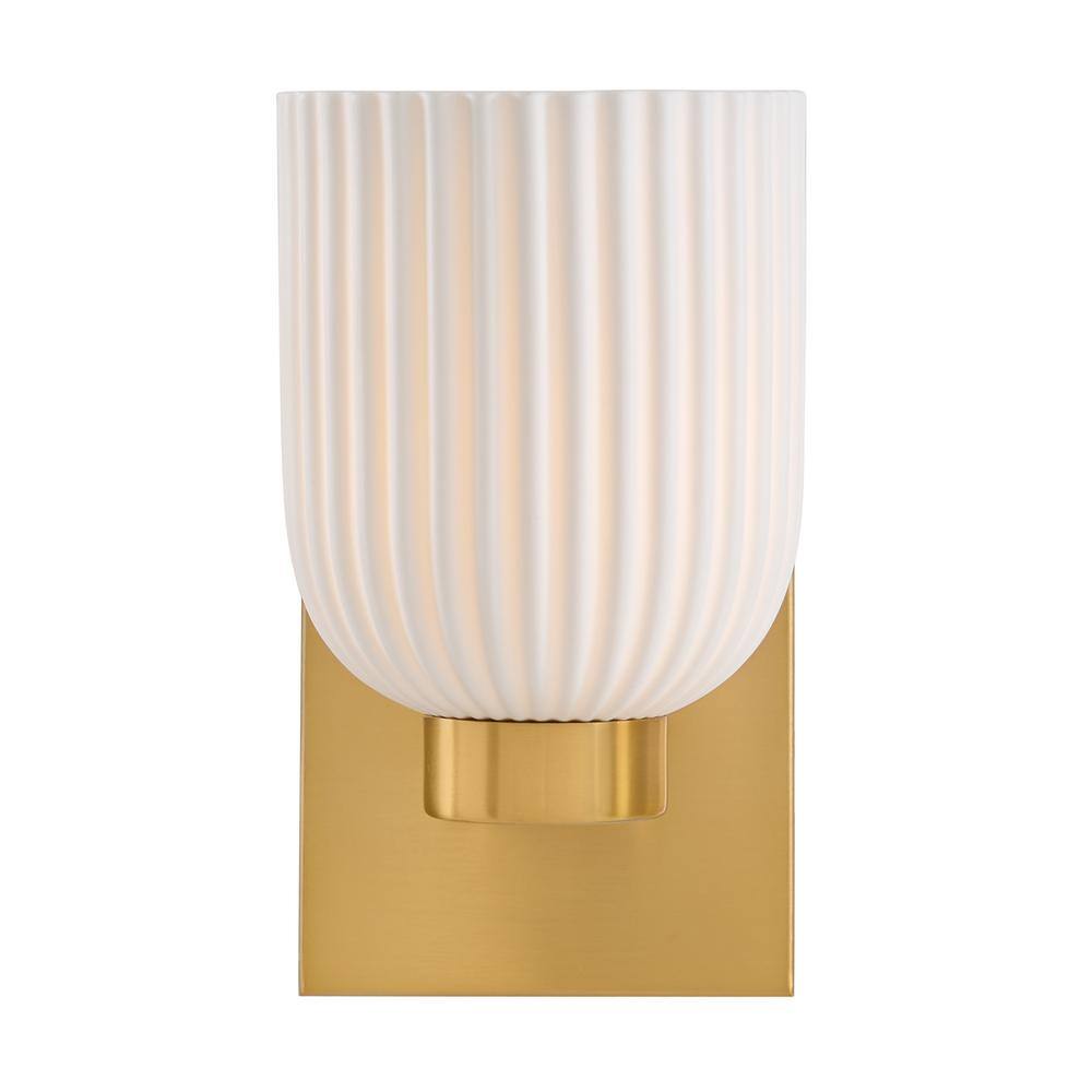 Warm Brass Dimmable Sconce with White Porcelain Shade