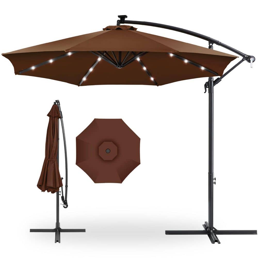 10 ft. Steel Cantilever Solar Tilt Patio Umbrella in Brown