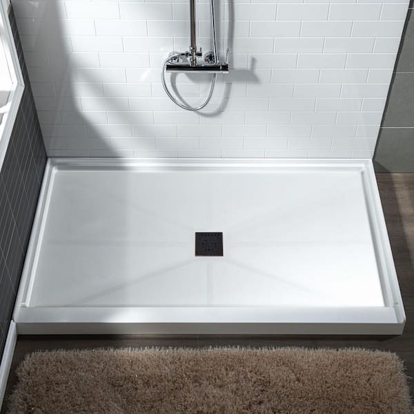 WOODBRIDGE Krasik 48 in. L x 32 in. W Alcove Solid Surface Shower Pan Base with Center Drain in White with Oil Rubbed Bronze Cover