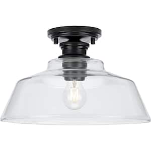 Singleton 14 in. 1-Light Matte Black Medium Semi-Flush Mount Light with Clear Glass Shade