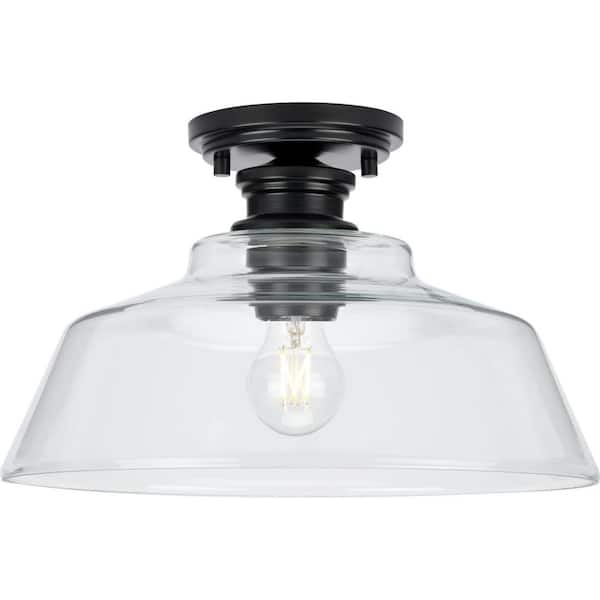 Progress Lighting Singleton 14 in. 1-Light Matte Black Medium Semi-Flush Mount Light with Clear Glass Shade