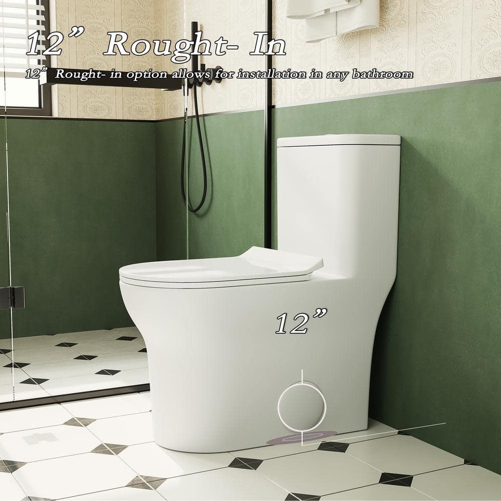 Glossy White Ceramic Elongated One-Piece Toilet with Dual Flush