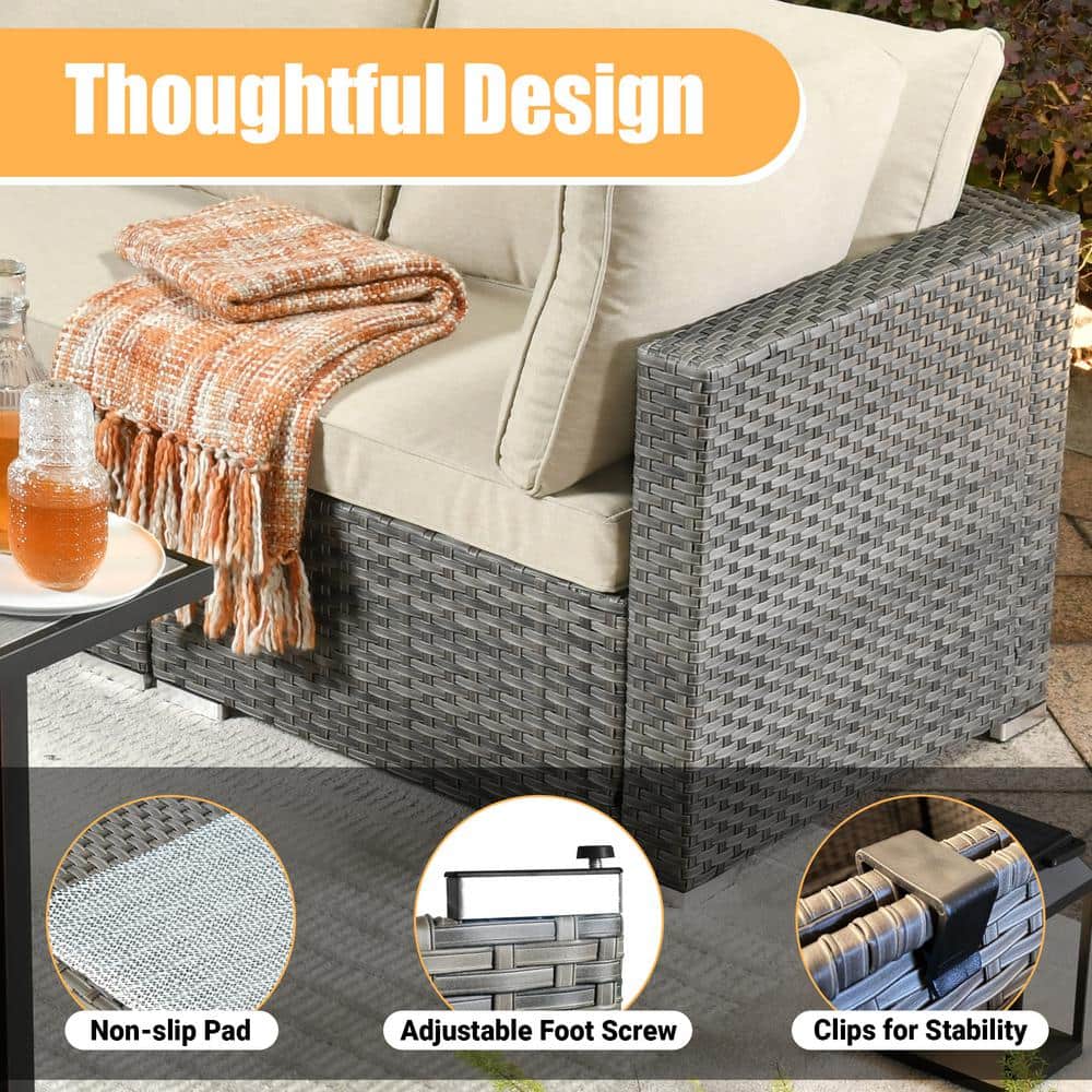 Venice 8-Piece Beige Wicker Outdoor Sofa Set with Fire Pit