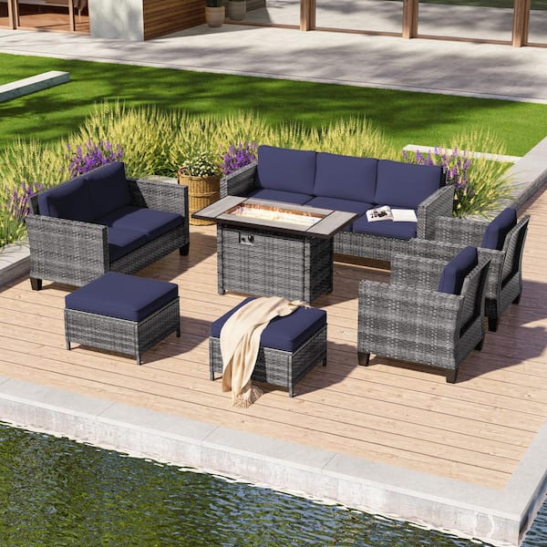 7-Pieces Patio Conversation Set with Rectangle Fire Pit Table and Loveseat Sofa, Gray Wicker with Navy Blue Cushions
