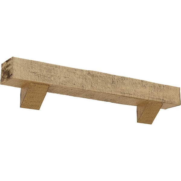 Ekena Millwork 4 in. x 4 in. x 5 ft. Rough Cedar Faux Wood Fireplace Mantel Kit with Breckinridge Corbels, Natural Pine