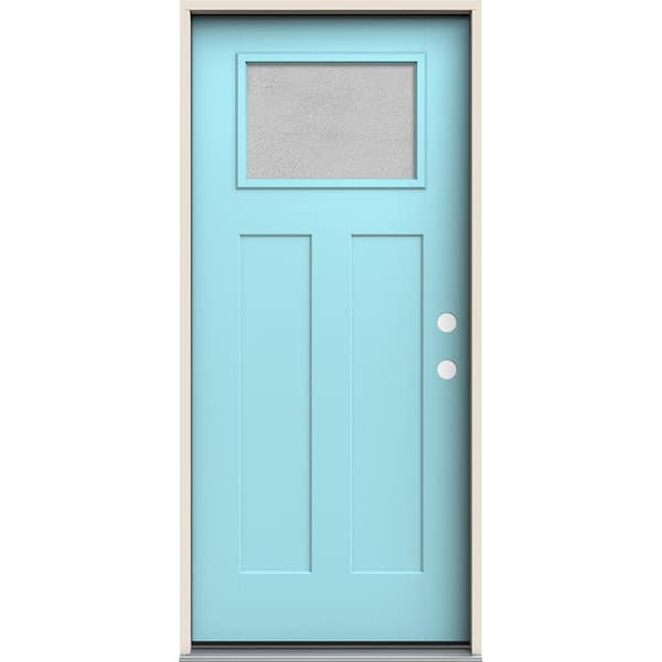 JELD-WEN 36 in. x 80 in. Left-Hand 1/4 Lite Craftsman Micro-Granite Glass Caribbean Blue Fiberglass Prehung Front Door